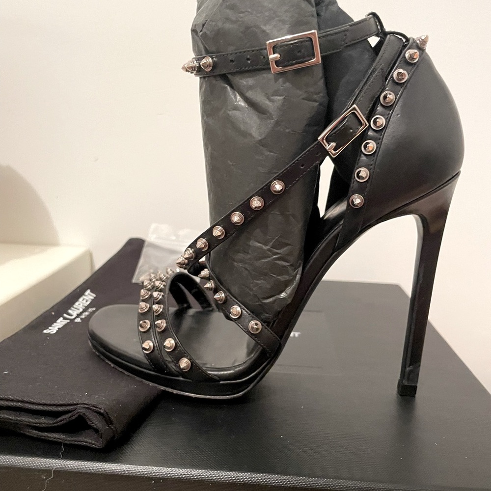 Ysl Heels Studded Strap Sandal-  Black Size 6.5